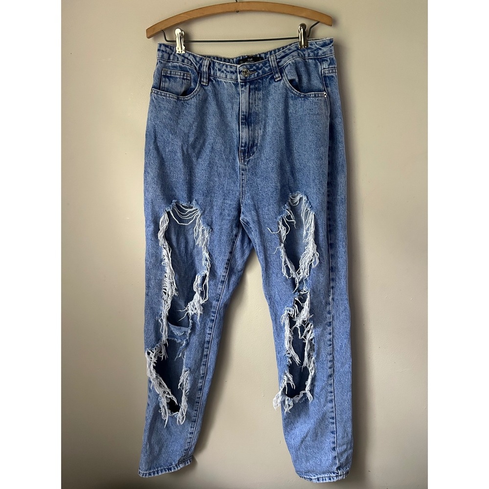 Riot High Rise Mom Jeans Missguided US 10 Distressed Ripped Light Wash Denim